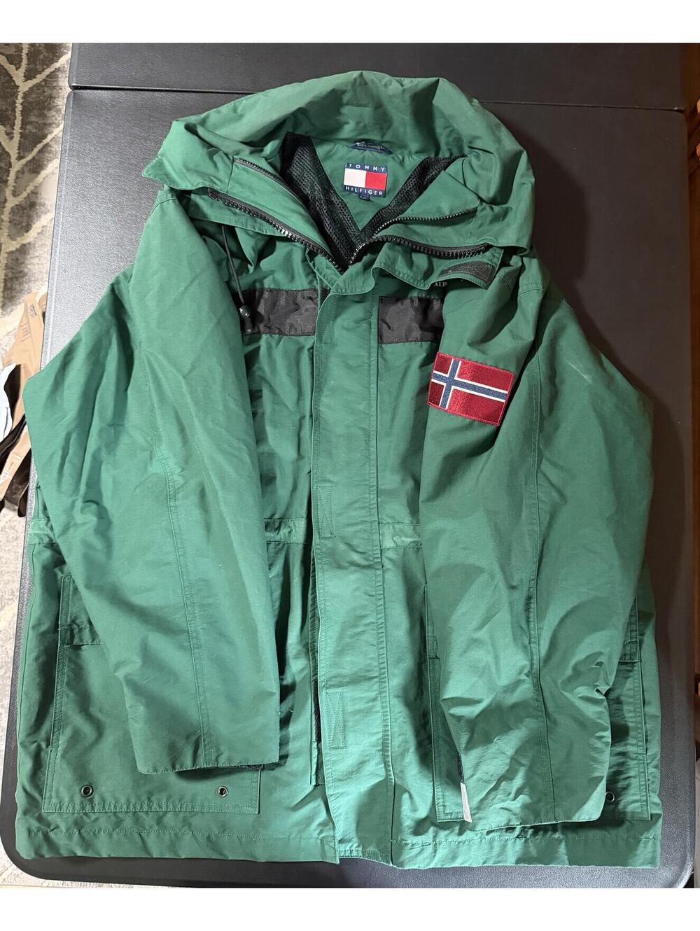 Vintage Tommy Hilfiger Men's Green Utility Jacket Large with Norway Flag Patch,